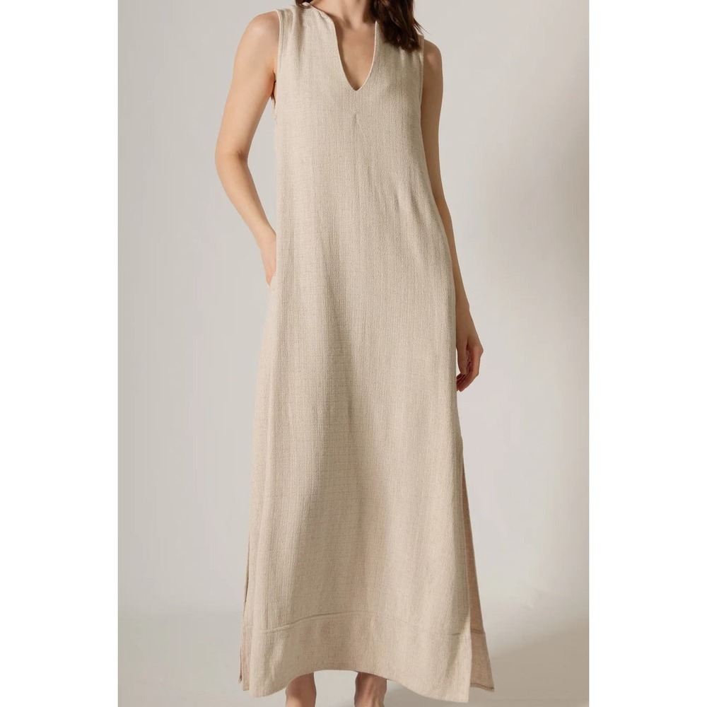 P Cill Tasi V-Neck Maxi Dress M Sand Linen Blend